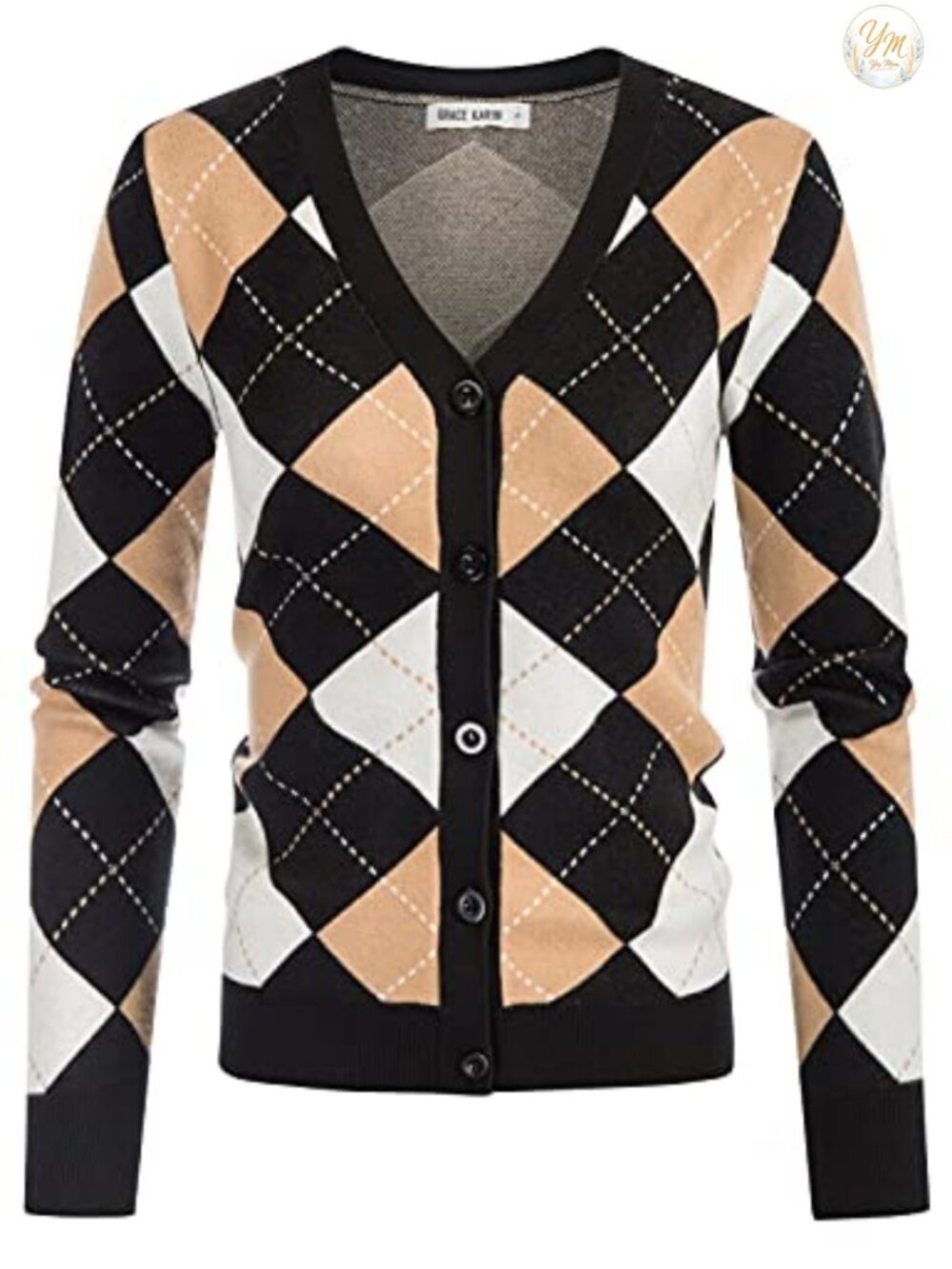 Slim Fit V-Neck Argyle Cardigan Button Down Knit Sweater Teacher Outfit Preppy